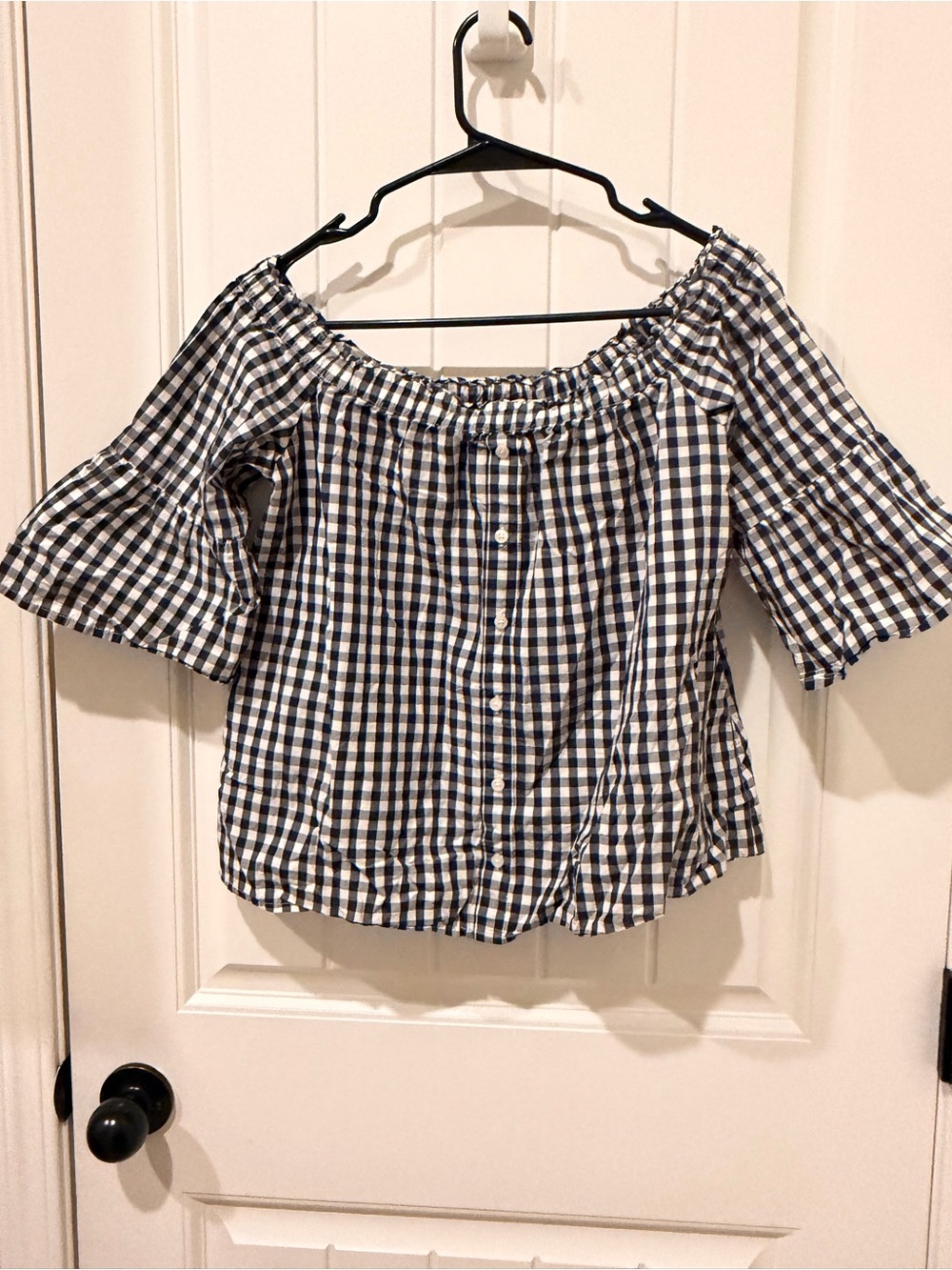 Abercrombie & Fitch Navy and White Gingham Off-Shoulder Blouse